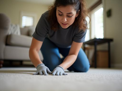 Friendly Sparkling Carpets Cleaning technician carefully cleaning a carpet in a Houston home