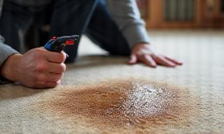Close-up of technician treating a pet stain on a carpet